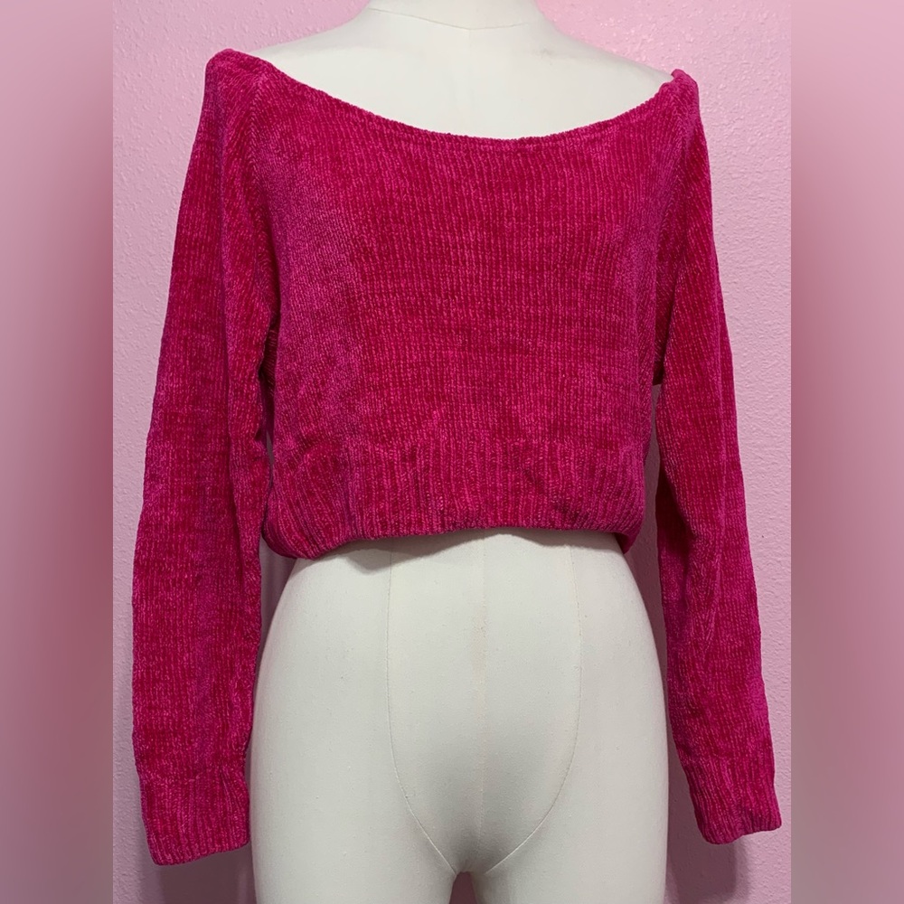 VTG Bebe hot pink off the shoulder cropped knit sweater - medium - Picture 2 of 9